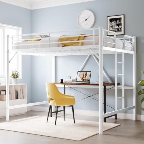 VINGLI Queen Loft Bed with Flat Rungs for Adults, Kids and Young Teens, No Box Spring Required,Heavy Duty Metal Slat Support, White