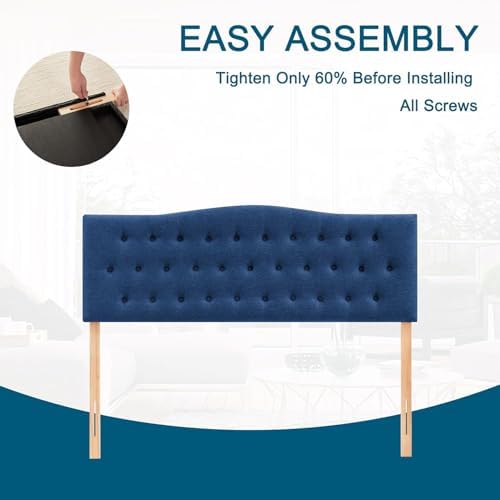 Tufted Headboard Full Size, Solid Wood Adjustable Height Head Board, Blue
