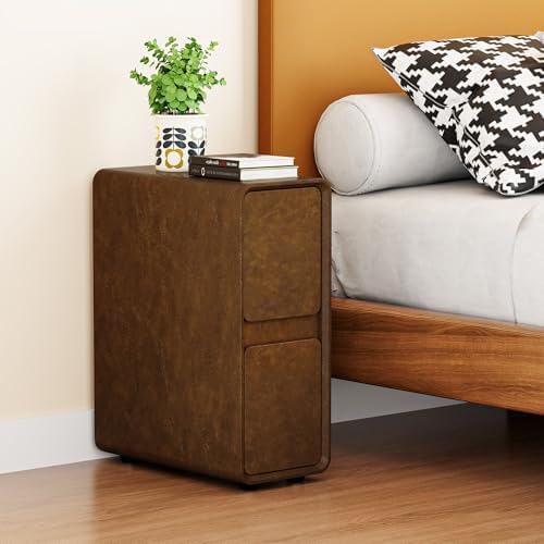 7.8" W Leather Narrow Nightstand Set of 2, Modern Fully-Assembled Bedside Table with 2 Drawers, White Night Stand Small Accent End Table & Side Table for Bedroom, Brown