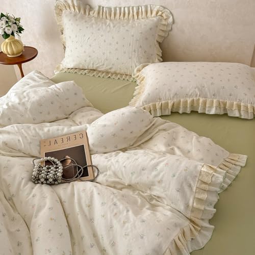 Muslin Cotton Duvet Cover Set Ruffled,Twin(68"x86"),Multicolor Flower