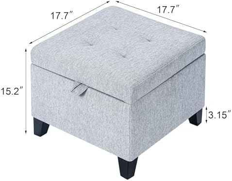 Adeco 18-inch Linen Storage Ottoman for Living Room & Bedroom, Upholstered Footrest Stool and Extra Seat with Safety Hinge Lid, Solid Wood Legs, Ice Grey
