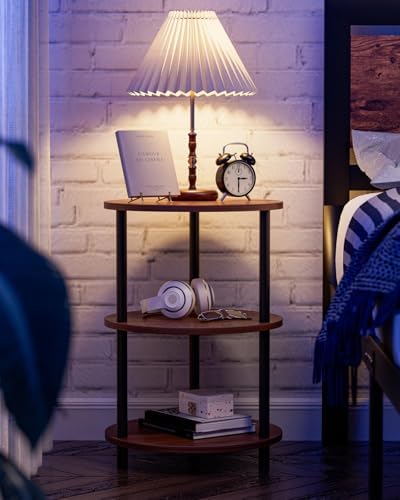 XBurmo Small Round End Table - 3 Tier Design Accent Table, Narrow Side or Bedside Stand, Industrial Vintage Nightstand for Bedroom, Living Room, or Small Spaces, Set of 2, Rustic Walnut