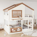 Full Over Full Size House Bunk Bed with Storage Bookshelf, Beige