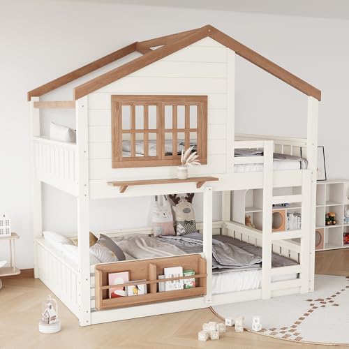 Full Over Full Size House Bunk Bed with Storage Bookshelf, Beige