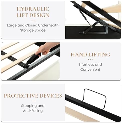SHA CERLIN Queen Size Chenille Lift Up Hydraulic Storage Bed Frame Cream
