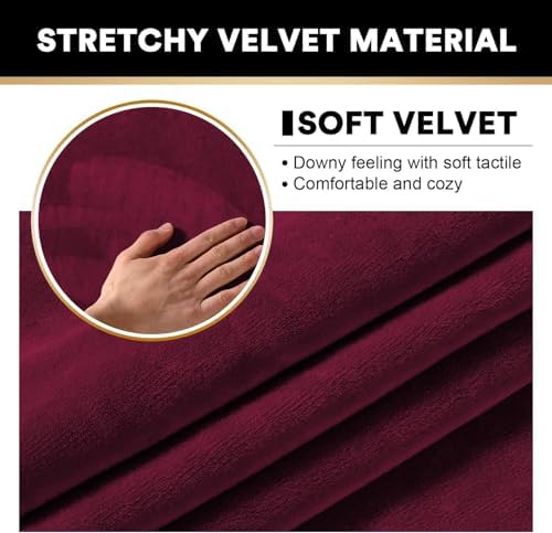 PrinceDeco Velvet Couch Covers for Sofa Soft 4 Pieces Couch Covers for 3 Cushion Couch Sofa Pet Friendly Furniture Protector with Non Slip Elastic Bottom Width Up to 97 Inch (Large Sofas, Burgundy)