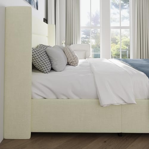 SHA CERLIN King Size Chenille Lift Up Hydraulic Storage Bed Frame Cream