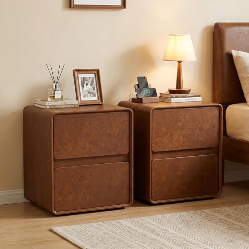 15.8" W Leather Narrow Nightstand Set of 2, Modern Fully-Assembled Bedside Table with 2 Drawers, Night Stand Small End Table & Side Table for Bedroom, Brown