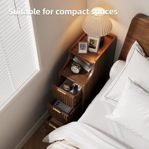7.9" Narrow Nightstand Set of 2,23.6" Tall Fluted Bedside Table Set of 2, Slim Side End Table with 3 Drawers, Wooden Bedside Table, Mid Century Modern Night Stand for Bedroom Livingroom Sofa Office