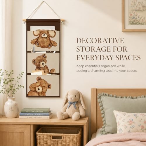 IAXIC Teddy Bear Wall Organizer, Canvas Pockets for Nursery Room