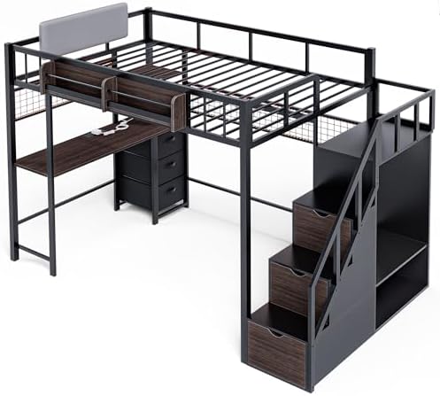 Twin Loft Bed with Desk, Stair, Headboard and Storage (Black)