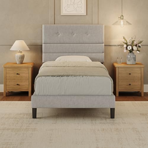 GRUSIGN Twin Size Bed Frame with Linen Fabric Headboard, Adjustable Height Upholstered Platform Bed Frame with Wooden Slats, Easy Assembly, Dark Grey