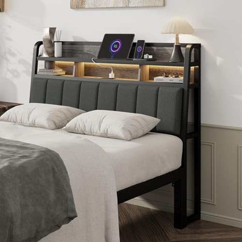 Full Headboard Only with Storage, Charging Station, Black & Grey