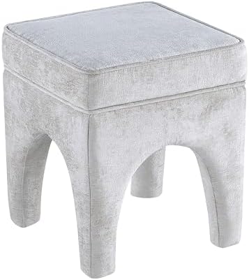 Get Set Style Upholstered Textured Woven Accent Stool, Arched Solid Wood Leg Ottoman Foot Rest, Square Decorative Bench for Living Room Entryway Bedroom (Ivory)