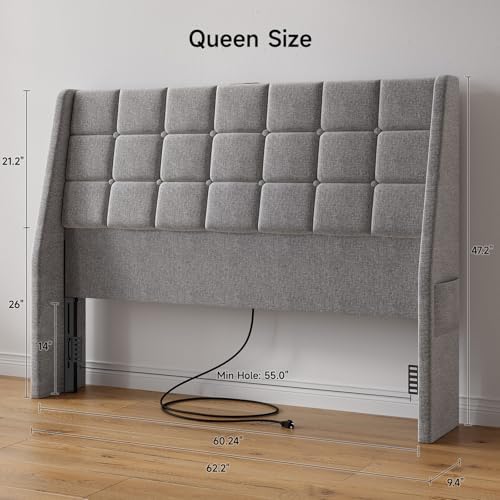 ONBRILL Ergonomic Headboard Queen Size with Charging Station, Light Grey