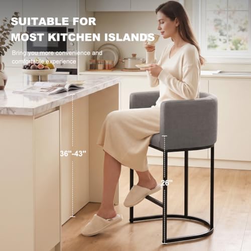 26" H Counter Height Bar Stools Set of 1, Modern Barrel Counter Stools with Backrest and Arms, Linen Fabric Upholstered Accent Barstools for Kitchen Island,Support 450 LBS (Gray)