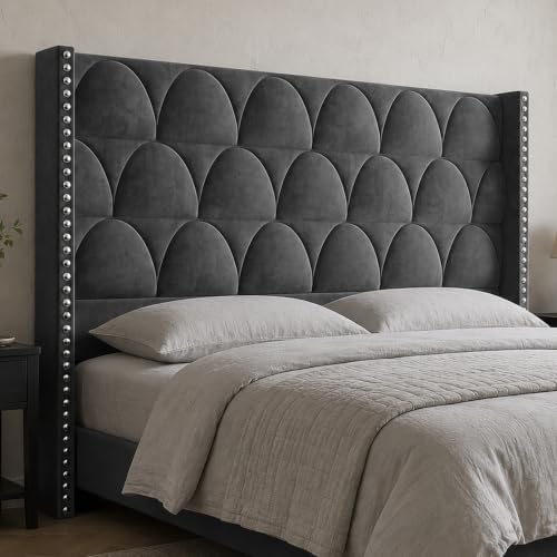 56.3" High Velvet Upholstered Wingback Headboard, King, Gray