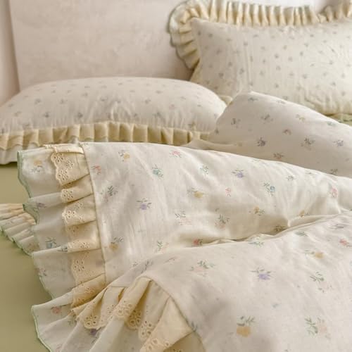 BuLuTu Vintage Lace Ruffled Duvet Cover Set King, Cottagecore Floral Princess Bedding Set, Soft Muslin Cotton Garden Botanical Comforter Cover with Zipper Closure, Romantic Bedroom Decor