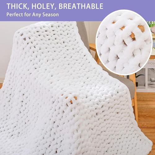 Bigacogo Chunky Knit Throw Blanket for Couch, 51x63 inches, Pure White