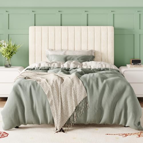 Allewie Twin Bed Frame, Upholstered Platform Bed with Adjustable Vertical Channel Tufted Headboard, Mattress Foundation with Strong Wooden Slats, Box Spring Optional, Easy Assembly, Cream White
