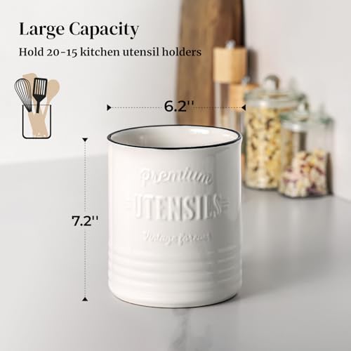 DOWAN 7.2" Large Ceramic Utensil Holder for Kitchen Counter, Beige, Devider