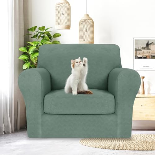 MAXIJIN 2 Piece Chair Covers Chair Slipcover with Arms, Sofa Chair Cover for Living Room Armchair Cover, Stretch Pet Dog Slip Cover for A Chair with 1 Cushion (31"-46", Pea Green)