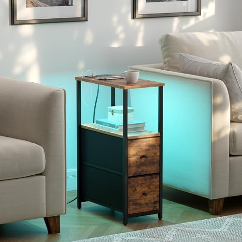 TUTOTAK Narrow LED End Table with Charging Station, Skinny Side Table