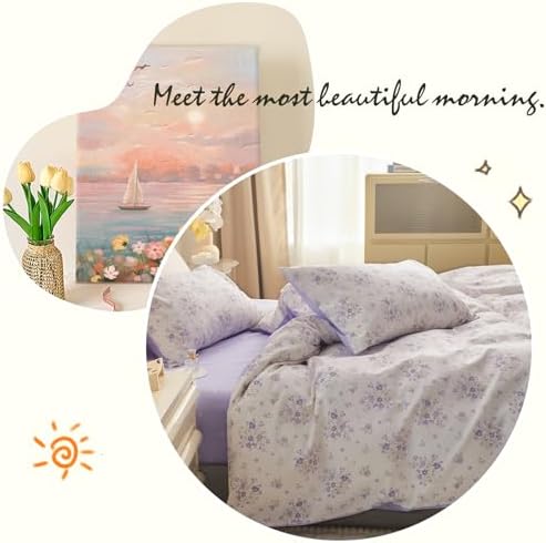 Purple Flower Duvet Cover Set Twin Cotton 3 Pcs Girls White Lavender Comforter Cover with Zipper Closure,Romantic Duvet Cover + 2 Pillowcases for Spring