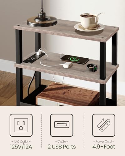 CHOEZON Small Narrow Side Table with Charging Station, Skinny End Table with Fabric Basket, Slim Nightstand for Small Spaces, Sofa Side Table, for Living Room, Bedroom, Greige and Black TBZ07UFH