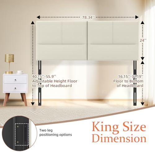 Upholstered Headboard King Size, Solid Wood Head Board with Sturdy Metal Legs, Leather Bed Headboard with Height Adjustable, Grayish White