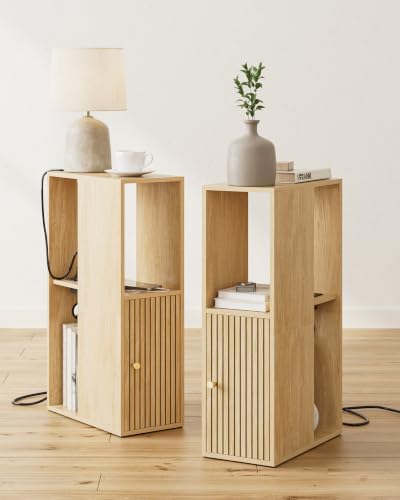 Narrow Nightstand Set of 2, 7.9" Night Stand with Fluted, Oak