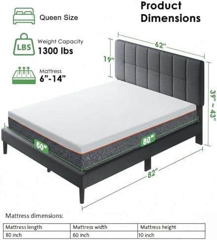 Marsail Queen Bed Frame with Headboard & 10 Inch Queen Mattress Set, Gray