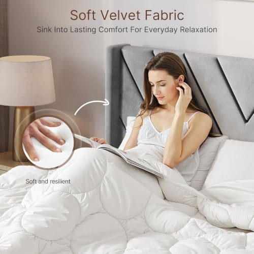 Yaheetech King Bed Frame with Chevron Channel-Tufted Headboard, Light Gray