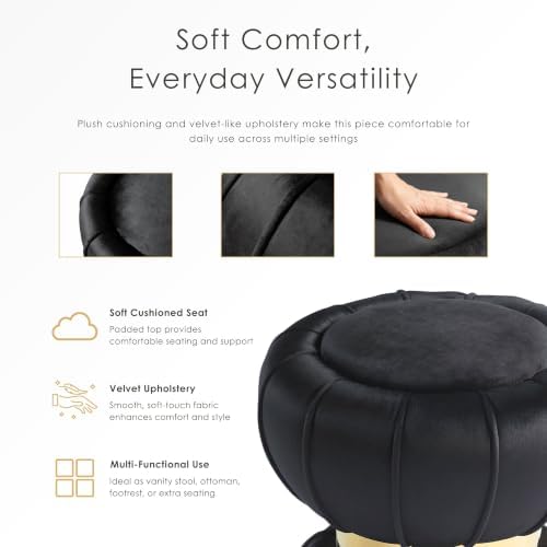 Furniture of America Magnus Modern 17-inch Upholstered Ottoman with Hourglass Shape and Stainless Steel Gold Trim, Vanity Stool Chair, Small Foot Stool for Bedroom, Living Room, Entryway, Black