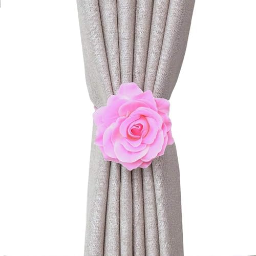 Curtain Tiebacks， Rose Magnetic Curtain Holders，Elegant 2 Pack Decorative Rope Holdback Holder, Home Decor Thin or Sheer Window Drapries Bed Canopy (Pink)
