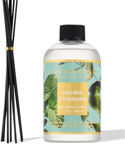 Cocorrína Reed Diffuser Refill Wild Mint & Eucalyptus 17oz (500ml) with 8 Sticks - Premium Long-Lasting Scented Oil, Home Fragrance for Bedroom, Bathroom Home Decor