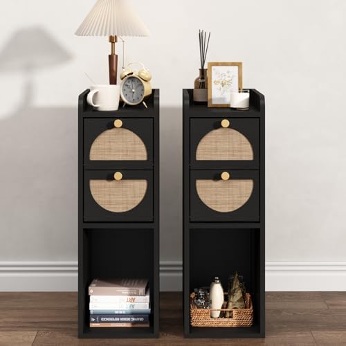 Narrow Nightstand Set of 2 (Rattan & Wood) - Small Bedside Table with 2 Drawers, Open Shelf, Mid Century Modern End Table - for Bedroom, Living Room & Small Spaces, Black
