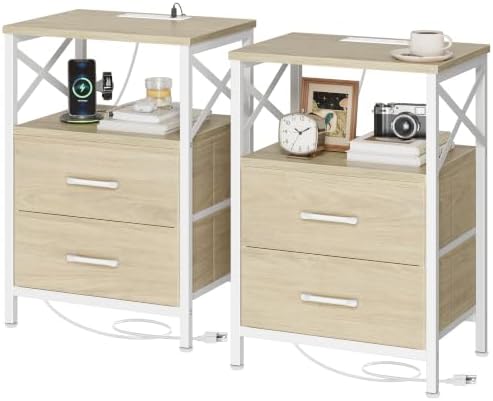 Huuger Nightstand Set of 2 with Charging Station, USB-C Port, End Tables