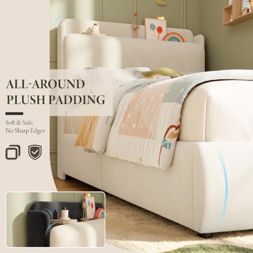 Garvee Twin Size Bed Frame with Recessed Shelf for Kids- Beige