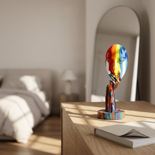 Simple Creative Colorful Female Face Art Statue Thinker Sculpture Abstract Character Crafts Ornament Home Office Bedroom Living Room Study Decoration (Small 11.8x4.3x4.3in)