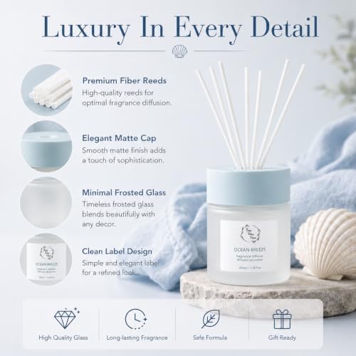 Reed Diffuser for Bathroom,Ocean Breeze Home Fragrance for Women, 3.38 Fl Oz, Coastal Beach Scent Diffuser for Bedroom, Spa Aromatherapy, Home Decor, Non-Toxic Long Lasting & Gift Ready