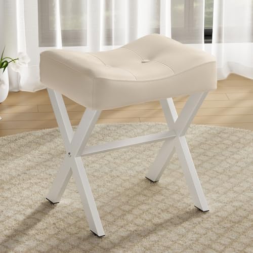 Memobarco 18-Inch Leather Vanity Stool Chair, Beige Makeup Stool
