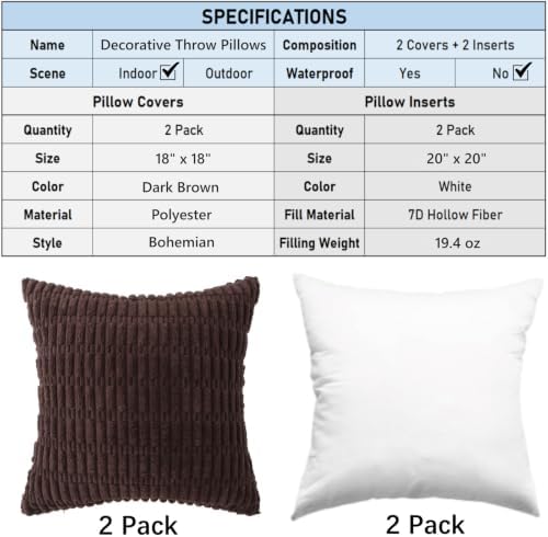 2 Pack Corduroy Decorative Throw Pillow with Inserts, 18x18 Inch Soft Boho Throw Pillow, Square Striped Throw Pillows for Couch, Bed, Sofa Decor
