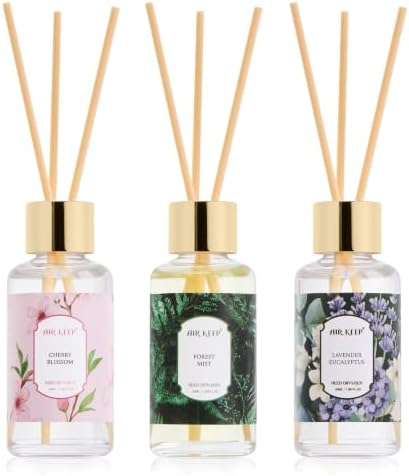 Airkeep Reed Diffuser Set, 3 Pack Cherry Blossom Forest Mist Lavender Eucalyptus Fragrance Oils for Home, Long Lasting Aroma with Reed Sticks for Bedroom, Bathroom, Living Room & Office