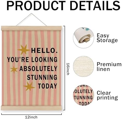 MAQIKA Inspirational Girl Nursery Poster Framed with Wood Hanger, Girls Room Hanging Wall Decor, Retro Pink Striped Motivational Canvas Wall Art Paints for Kids Girls Room Bedroom, 12x16 Inch