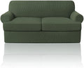 PrinceDeco T Cushion Loveseat Slipcover - 3 Pieces Sofa Cover for 2 Cushion Couch with 2 Individual T Shape Seat Covers Width Up to 76 Inch - Stretch, Machine Washable, Bronze Green