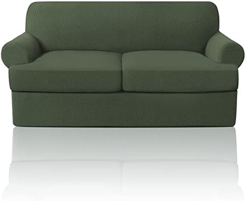 PrinceDeco T Cushion Loveseat Slipcover - 3 Pieces Sofa Cover for 2 Cushion Couch with 2 Individual T Shape Seat Covers Width Up to 76 Inch - Stretch, Machine Washable, Bronze Green