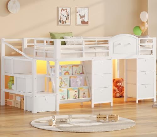 Low Loft Bed Twin Size with 9 Storage Drawers, Bookcase and LED Lights, Metal Kids Loft Bed with Stairs, Open Shelves and Safety Guardrail, Twin Loft Bed with Under-Bed Playhouse, Pure White