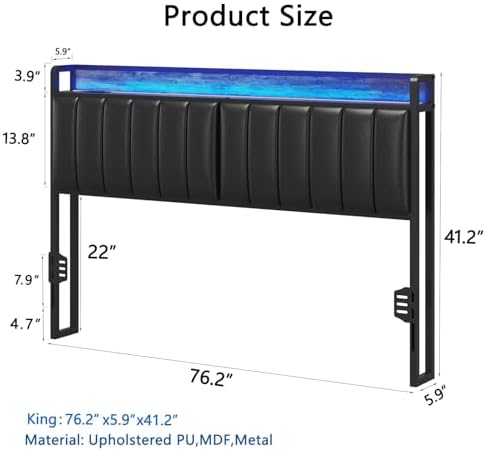 King Headboard Only with Storage & Outlets,Bed Headboard King Size,Black