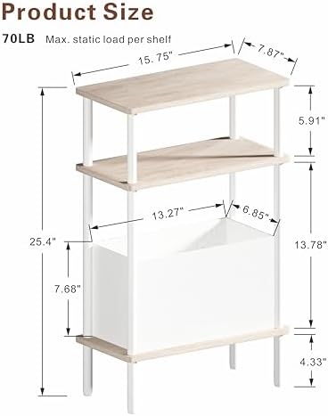 Narrow Side Table with Fabric Basket, Set of 2 End Table for Small Spaces, Slim Nightstand with 3-Tier Storage Shelf, Sofa Beside Table, for Living Room, Bed Room, Natrual Oak
